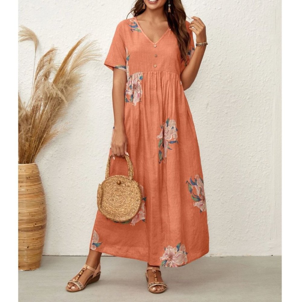 Coral Cotton Floral Maxi Dress - Picture 2 of 10